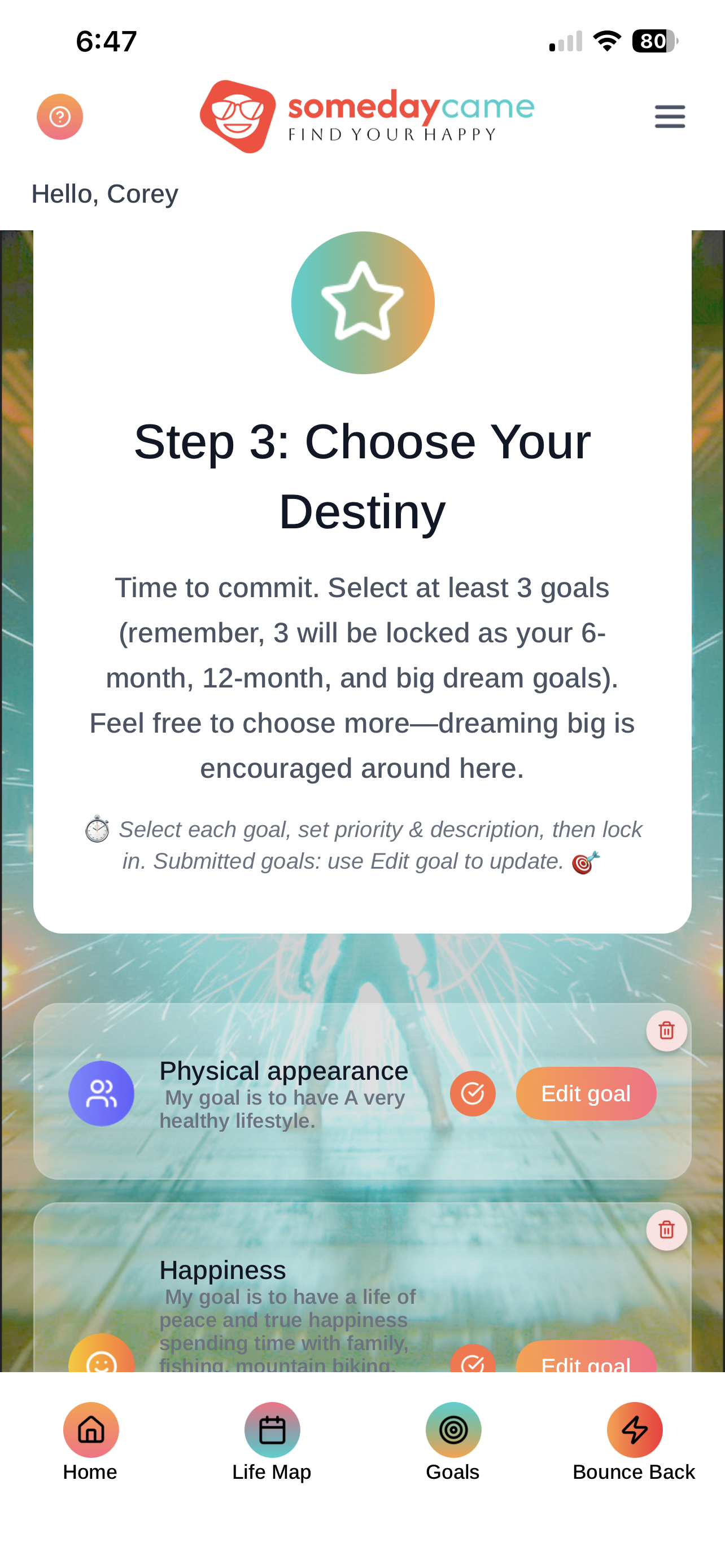 Someday Came Goals — Choose Your Destiny screen