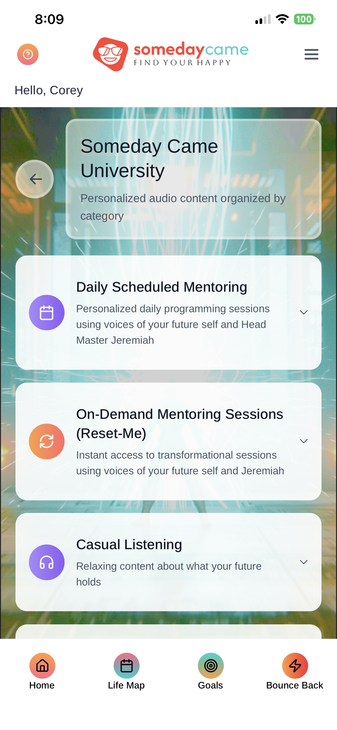 Someday Came University mentoring categories screen