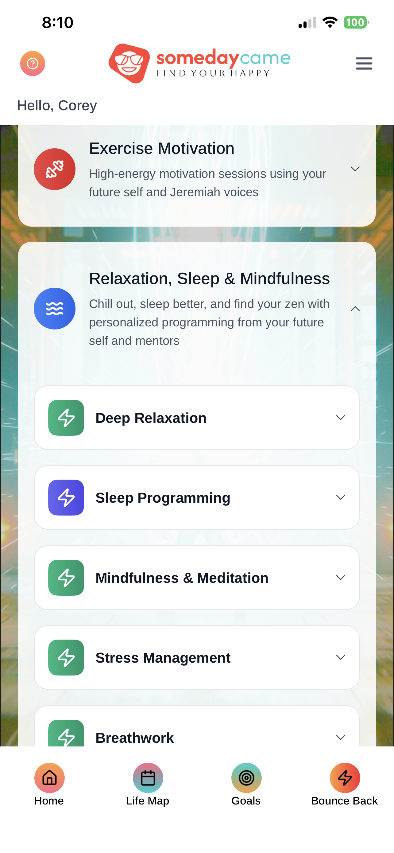 Someday Came University relaxation and mindfulness screen